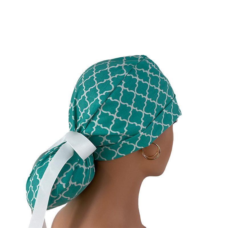 Turn Up Ponytail Medical Scrub Cap – Chevrons – Teal - Image 8