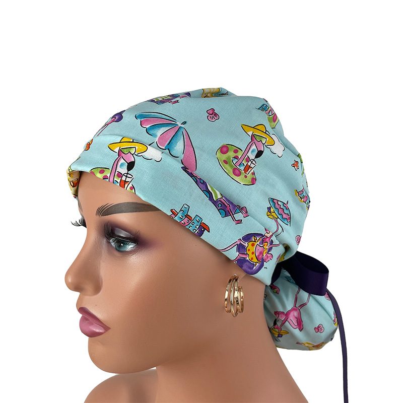 Turn Up Ponytail Medical Scrub Cap – Flamingos On The Beach - Image 2