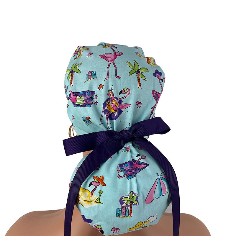 Turn Up Ponytail Medical Scrub Cap – Flamingos On The Beach - Image 6