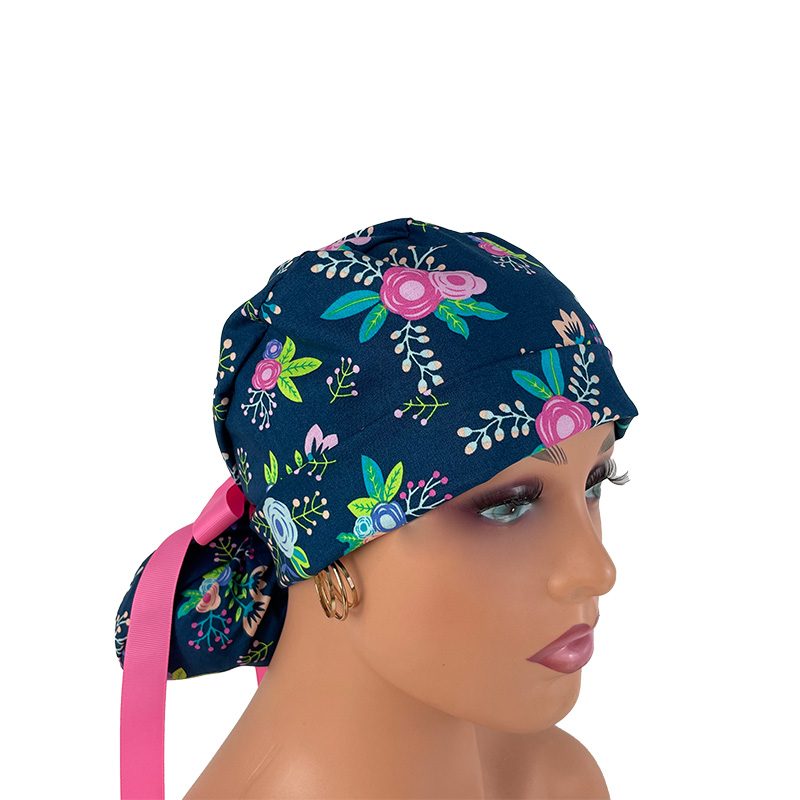 Turn Up Ponytail Medical Scrub Cap – Navy Floral