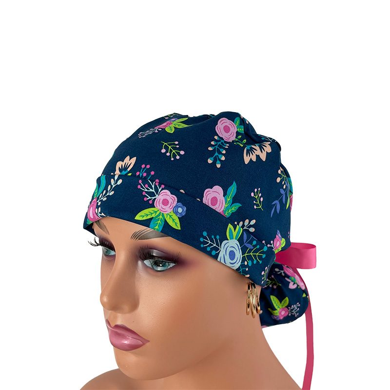 Turn Up Ponytail Medical Scrub Cap – Navy Floral - Image 2