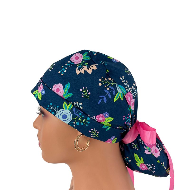 Turn Up Ponytail Medical Scrub Cap – Navy Floral - Image 4
