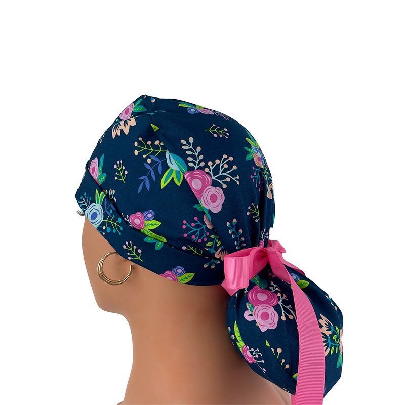 Turn Up Ponytail Medical Scrub Cap – Navy Floral - Image 5