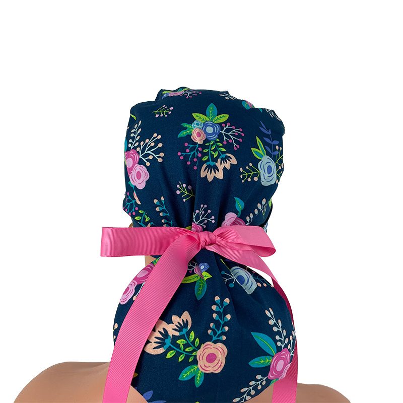 Turn Up Ponytail Medical Scrub Cap – Navy Floral - Image 6