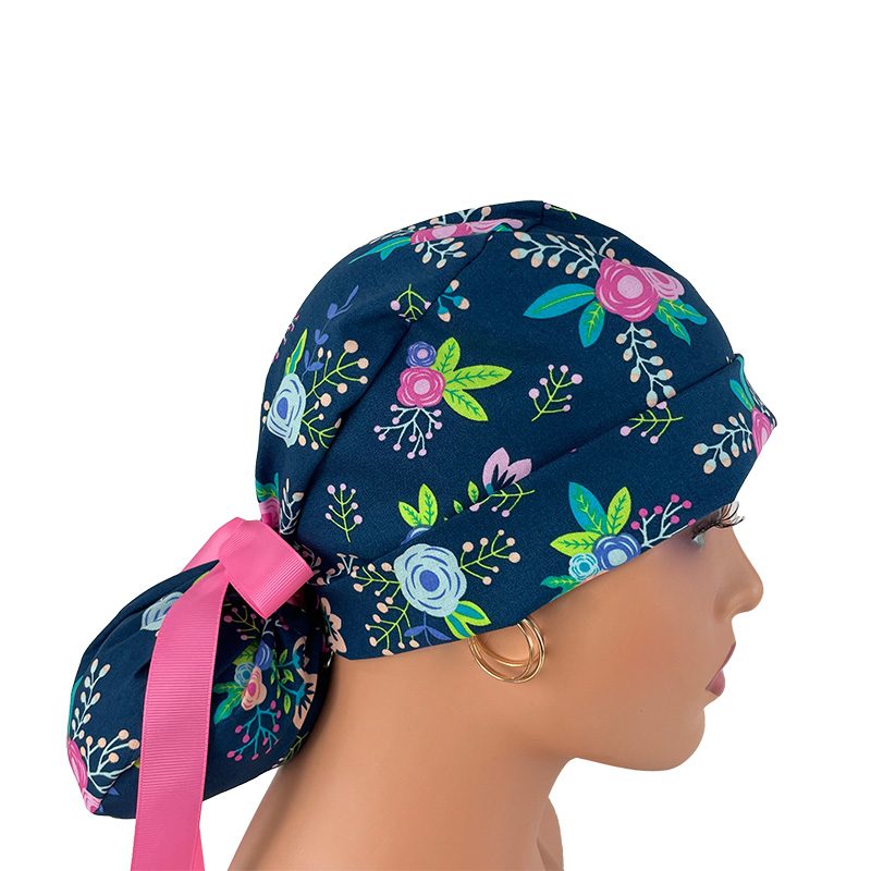 Turn Up Ponytail Medical Scrub Cap – Navy Floral - Image 8