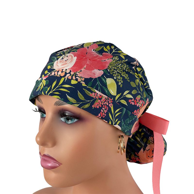 Turn Up Ponytail Medical Scrub Cap – Peach Posies - Image 2
