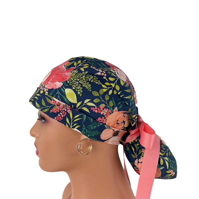 Turn Up Ponytail Medical Scrub Cap – Peach Posies - Image 4