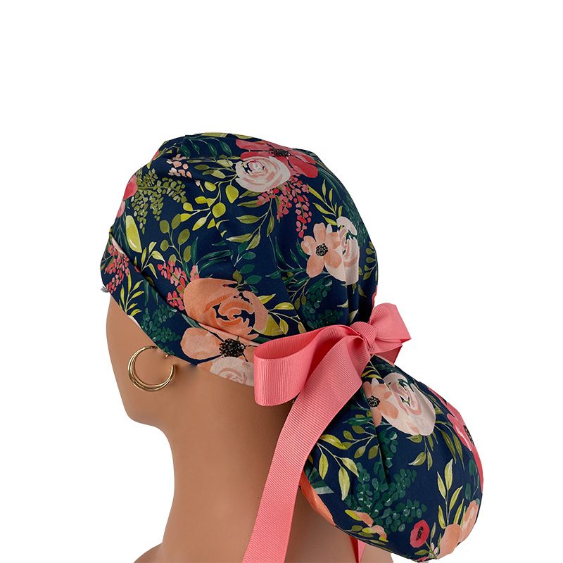 Turn Up Ponytail Medical Scrub Cap – Peach Posies - Image 5