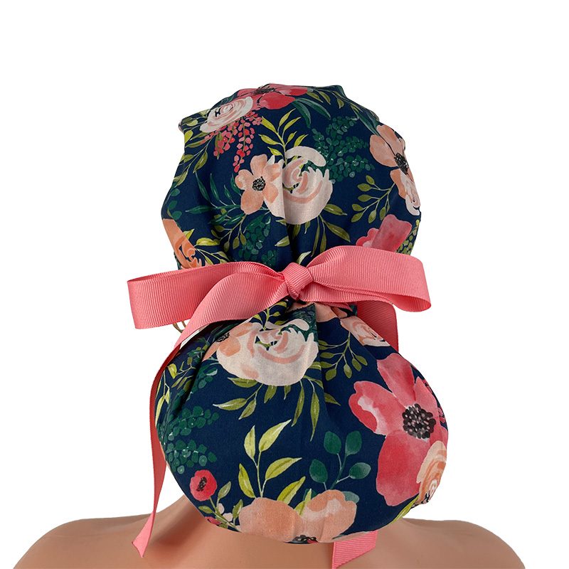 Turn Up Ponytail Medical Scrub Cap – Peach Posies - Image 6
