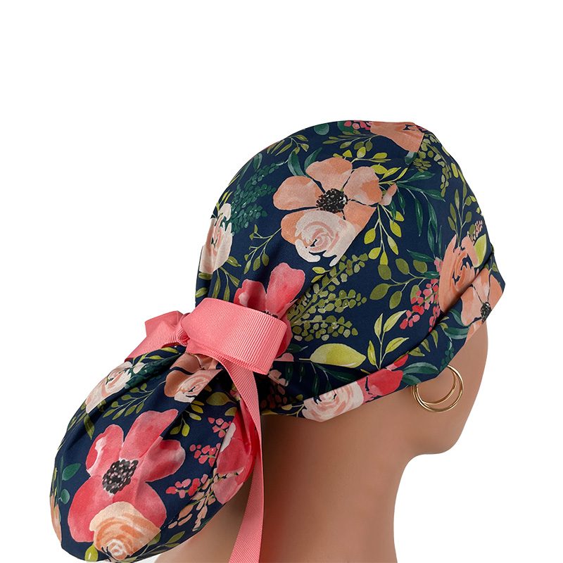 Turn Up Ponytail Medical Scrub Cap – Peach Posies - Image 7
