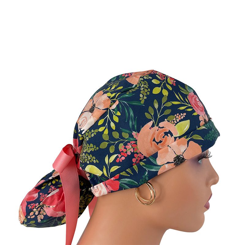 Turn Up Ponytail Medical Scrub Cap – Peach Posies - Image 8