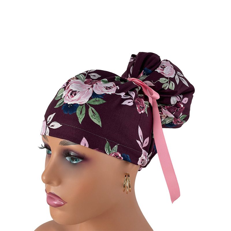High Bun Ponytail Scrub Caps - Pink Flowers. Scrub cap, Ponytail Scrub Caps, Scrub Cap for Women, Surgical Cap, Nurse Scrub cap, Bun Scrub Cap - Image 2