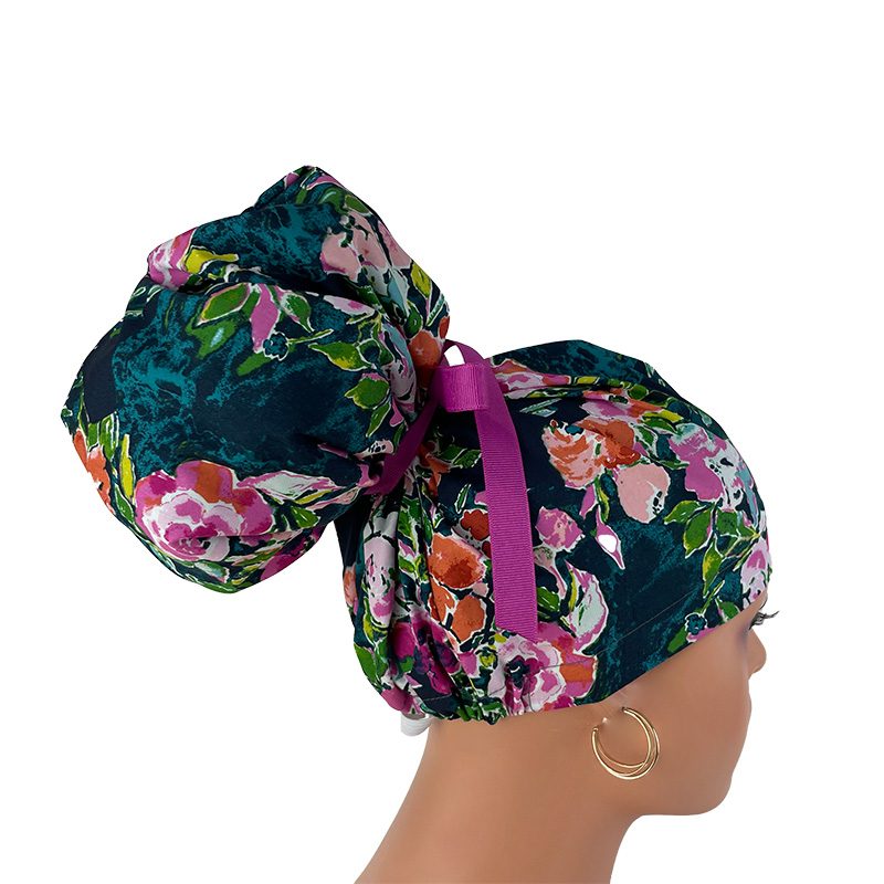 High Bun Ponytail Scrub Caps - Dark Blue Poppy Flowers., Scrub cap, Ponytail Scrub Caps, Scrub Cap for Women, Surgical Cap, Nurse Scrub cap, Bun Scrub Cap - Image 4