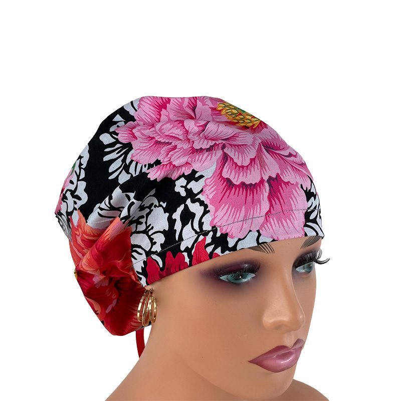 High Bun Ponytail Scrub Caps - Kaffe Collective – Brocade Peony – Black., Scrub cap, Ponytail Scrub Caps, Scrub Cap for Women, Surgical Cap, Nurse Scrub cap, Bun Scrub Cap - Image 9