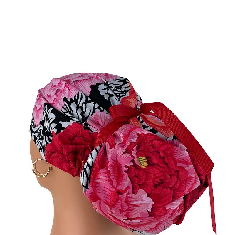 High Bun Ponytail Scrub Caps - Kaffe Collective – Brocade Peony – Black., Scrub cap, Ponytail Scrub Caps, Scrub Cap for Women, Surgical Cap, Nurse Scrub cap, Bun Scrub Cap - Image 8