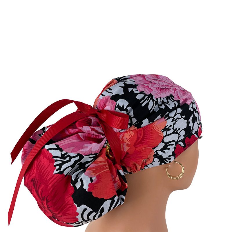 High Bun Ponytail Scrub Caps - Kaffe Collective – Brocade Peony – Black., Scrub cap, Ponytail Scrub Caps, Scrub Cap for Women, Surgical Cap, Nurse Scrub cap, Bun Scrub Cap - Image 7