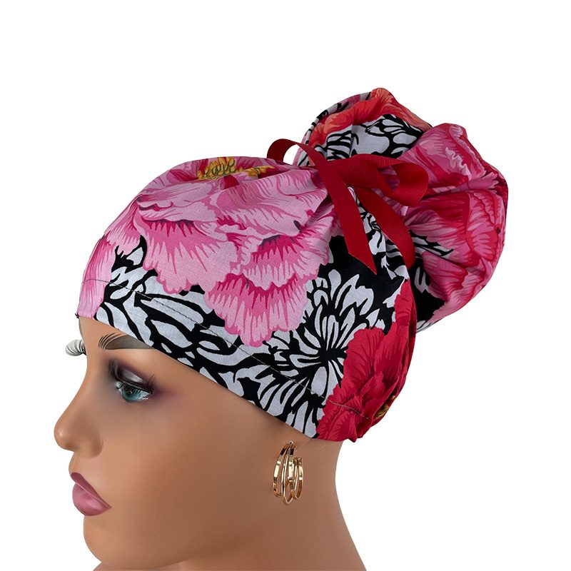 High Bun Ponytail Scrub Caps - Kaffe Collective – Brocade Peony – Black., Scrub cap, Ponytail Scrub Caps, Scrub Cap for Women, Surgical Cap, Nurse Scrub cap, Bun Scrub Cap - Image 2