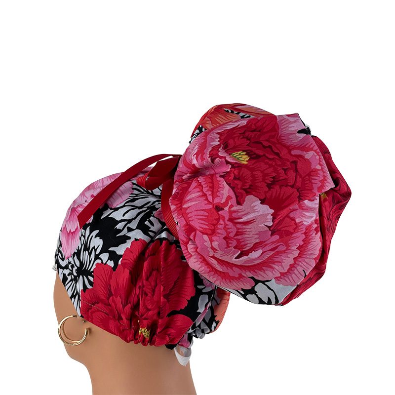 High Bun Ponytail Scrub Caps - Kaffe Collective – Brocade Peony – Black., Scrub cap, Ponytail Scrub Caps, Scrub Cap for Women, Surgical Cap, Nurse Scrub cap, Bun Scrub Cap - Image 12
