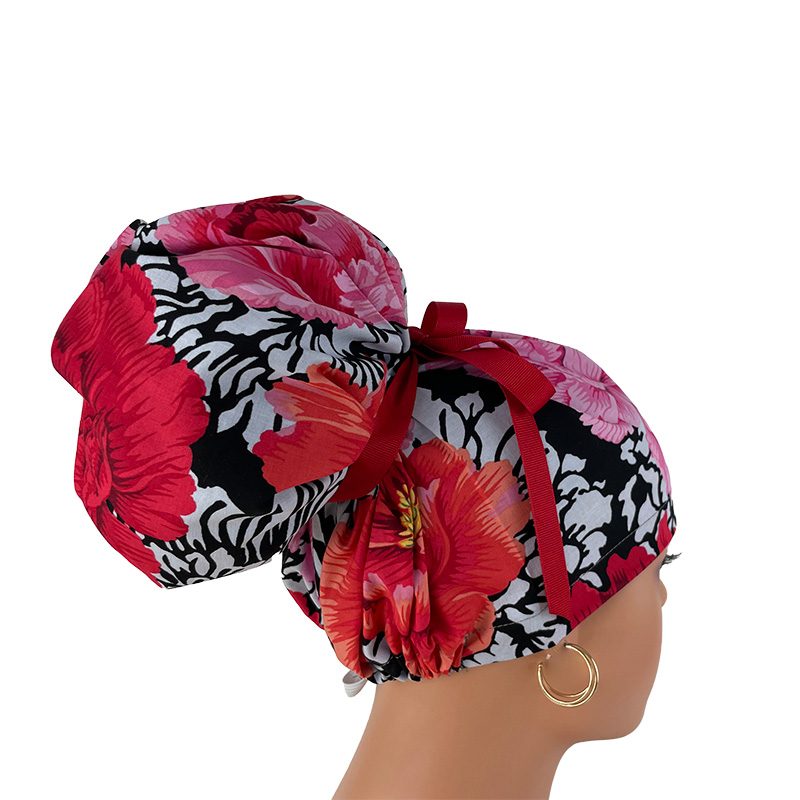 High Bun Ponytail Scrub Caps - Kaffe Collective – Brocade Peony – Black., Scrub cap, Ponytail Scrub Caps, Scrub Cap for Women, Surgical Cap, Nurse Scrub cap, Bun Scrub Cap - Image 11