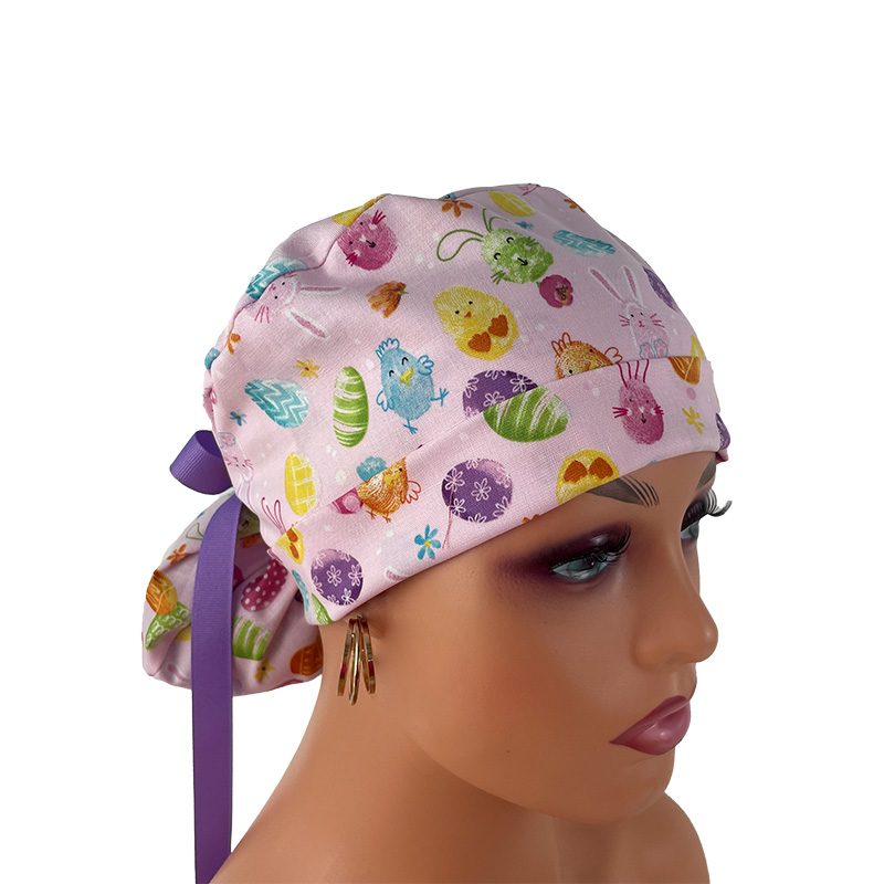 Turn Up Ponytail Medical Scrub Cap. Happy Easter Bunies - Egg Hunt - Pastel Pink