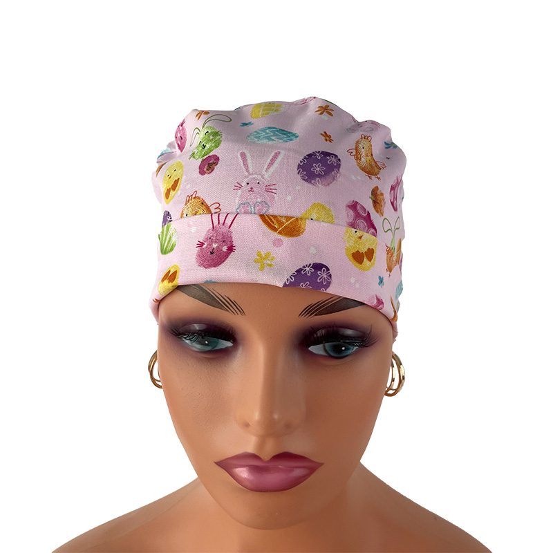 Turn Up Ponytail Medical Scrub Cap. Happy Easter Bunies - Egg Hunt - Pastel Pink - Image 2