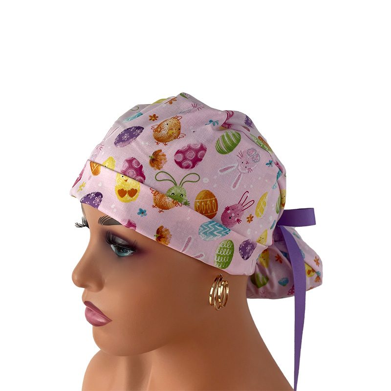 Turn Up Ponytail Medical Scrub Cap. Happy Easter Bunies - Egg Hunt - Pastel Pink - Image 3