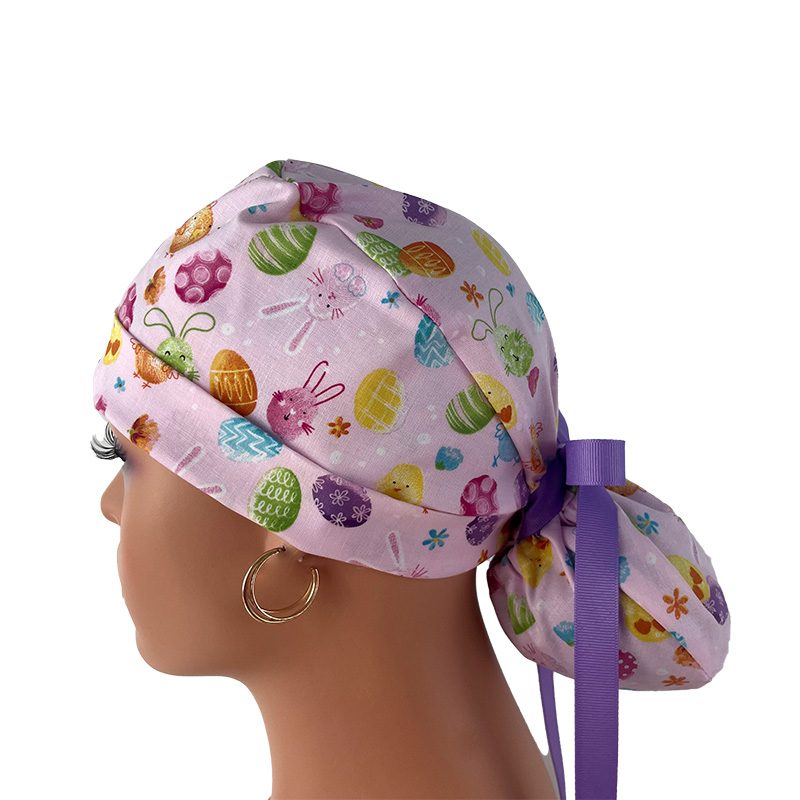 Turn Up Ponytail Medical Scrub Cap. Happy Easter Bunies - Egg Hunt - Pastel Pink - Image 4