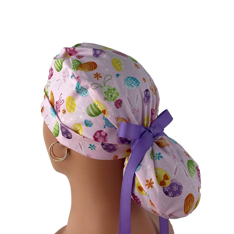 Turn Up Ponytail Medical Scrub Cap. Happy Easter Bunies - Egg Hunt - Pastel Pink - Image 5