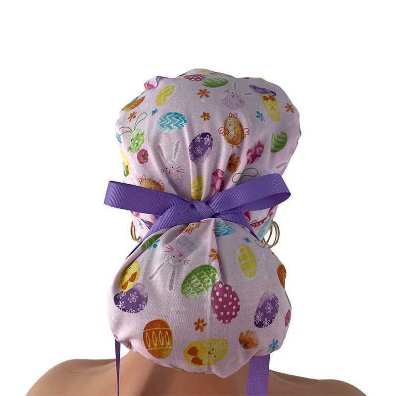 Turn Up Ponytail Medical Scrub Cap. Happy Easter Bunies - Egg Hunt - Pastel Pink - Image 6