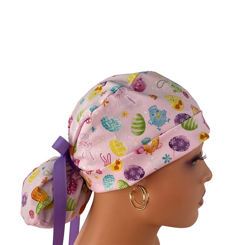 Turn Up Ponytail Medical Scrub Cap. Happy Easter Bunies - Egg Hunt - Pastel Pink - Image 8