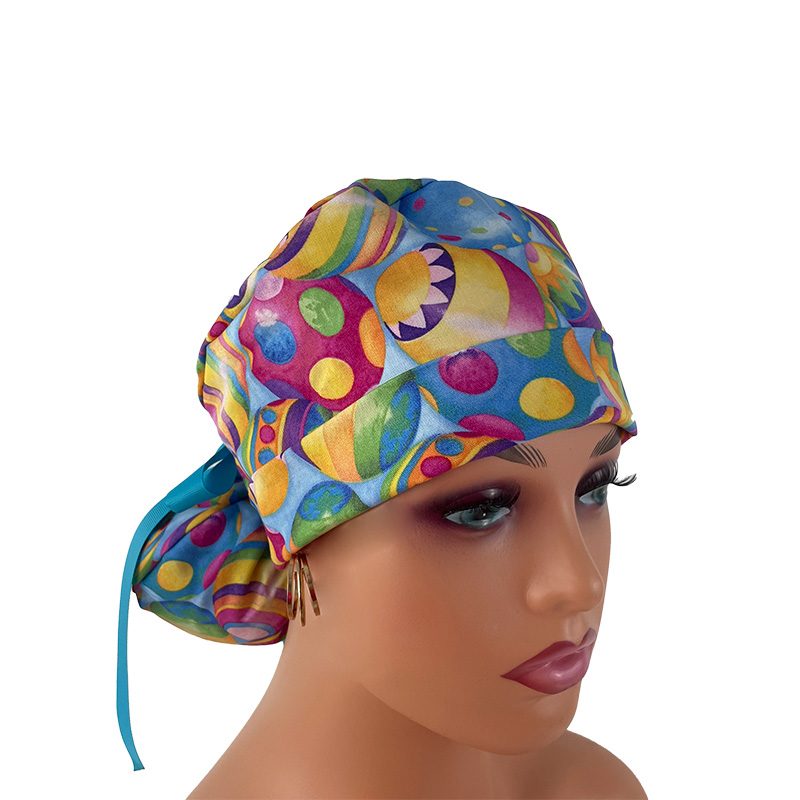 Turn Up Ponytail Medical Scrub Cap. Easter Eggs