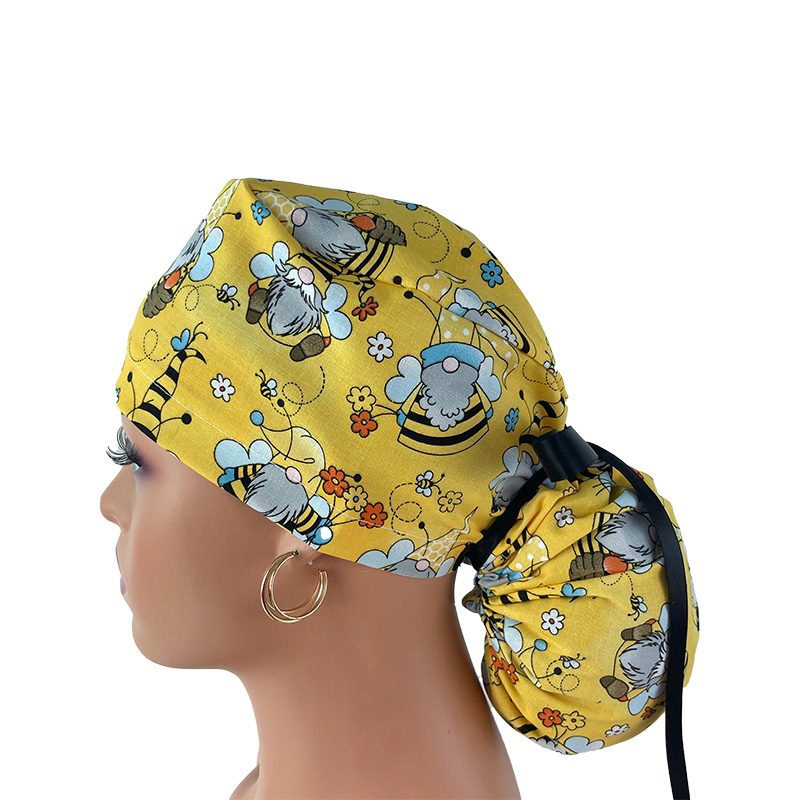 Ponytail Medical Scrub Cap – Gnomes - Honey Bees - Image 3