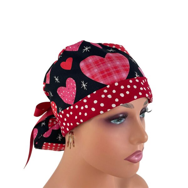 Turn Up Ponytail Medical Scrub Cap. Dotted Hearts Over Black - Dr. Hats, Nurses Hats.