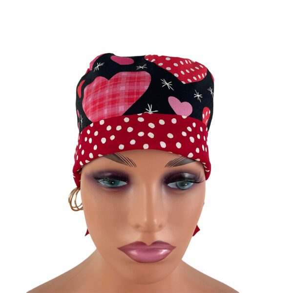 Turn Up Ponytail Medical Scrub Cap. Dotted Hearts Over Black - Dr. Hats, Nurses Hats. - Image 2