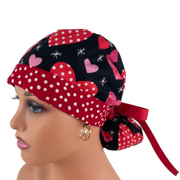 Turn Up Ponytail Medical Scrub Cap. Dotted Hearts Over Black - Dr. Hats, Nurses Hats. - Image 3