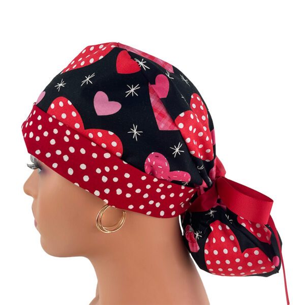 Turn Up Ponytail Medical Scrub Cap. Dotted Hearts Over Black - Dr. Hats, Nurses Hats. - Image 4