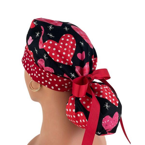 Turn Up Ponytail Medical Scrub Cap. Dotted Hearts Over Black - Dr. Hats, Nurses Hats. - Image 5