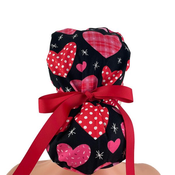 Turn Up Ponytail Medical Scrub Cap. Dotted Hearts Over Black - Dr. Hats, Nurses Hats. - Image 6