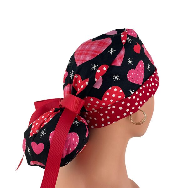 Turn Up Ponytail Medical Scrub Cap. Dotted Hearts Over Black - Dr. Hats, Nurses Hats. - Image 7