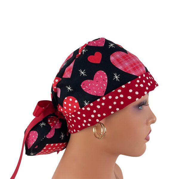Turn Up Ponytail Medical Scrub Cap. Dotted Hearts Over Black - Dr. Hats, Nurses Hats. - Image 8