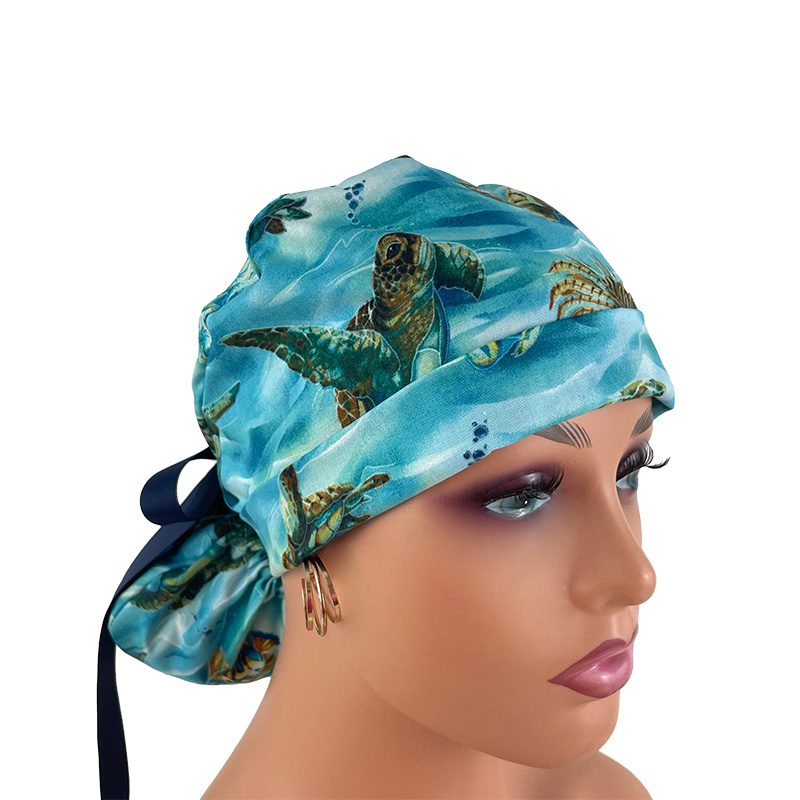 Turn Ponytail Medical Scrub Cap – Hooked On Fish – Sea Turtles – Deep Aqua/Gold