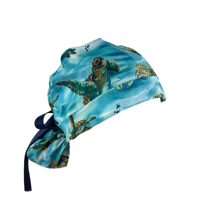 Turn Ponytail Medical Scrub Cap – Hooked On Fish – Sea Turtles – Deep Aqua/Gold - Image 9