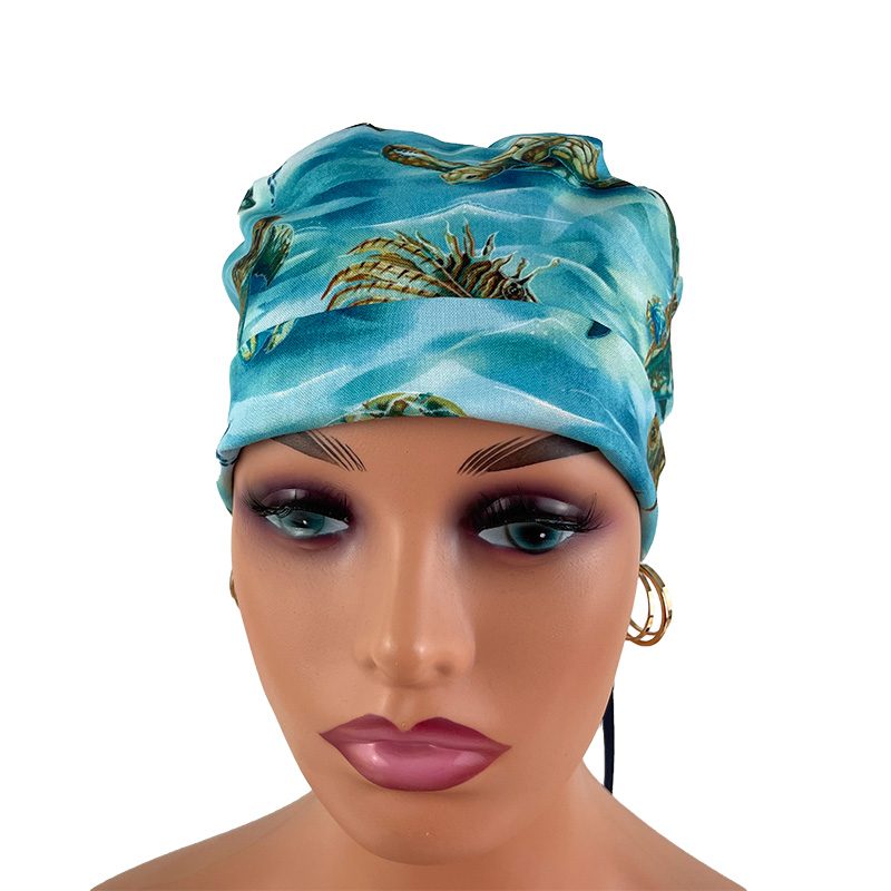 Turn Ponytail Medical Scrub Cap – Hooked On Fish – Sea Turtles – Deep Aqua/Gold - Image 2