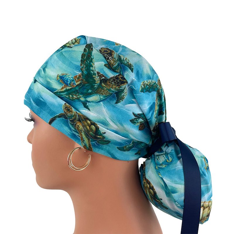 Turn Ponytail Medical Scrub Cap – Hooked On Fish – Sea Turtles – Deep Aqua/Gold - Image 4