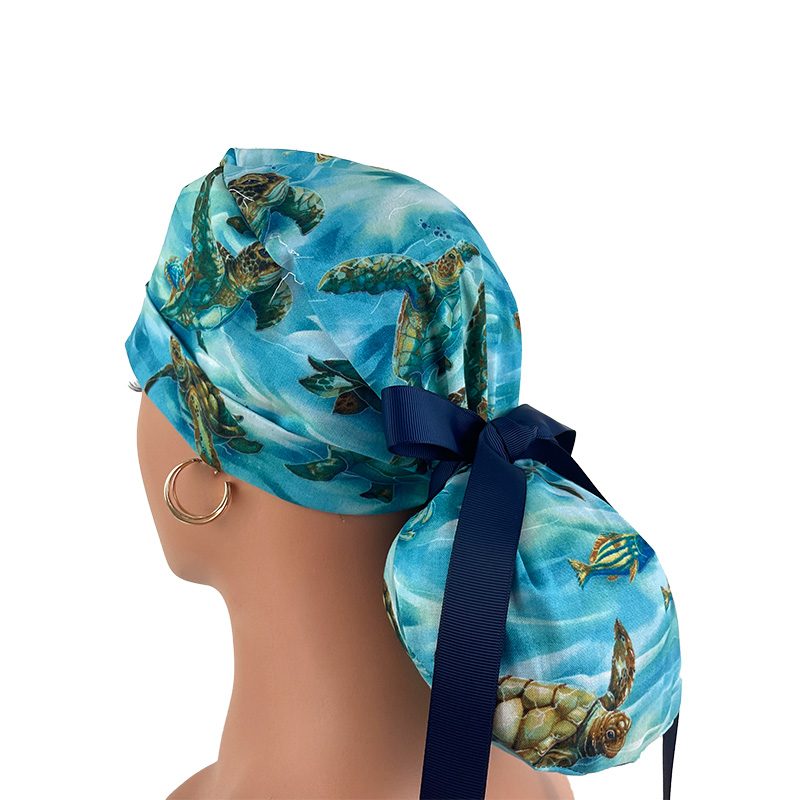 Turn Ponytail Medical Scrub Cap – Hooked On Fish – Sea Turtles – Deep Aqua/Gold - Image 5