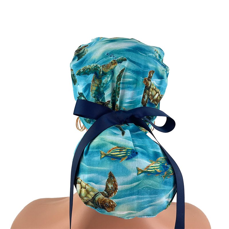 Turn Ponytail Medical Scrub Cap – Hooked On Fish – Sea Turtles – Deep Aqua/Gold - Image 6