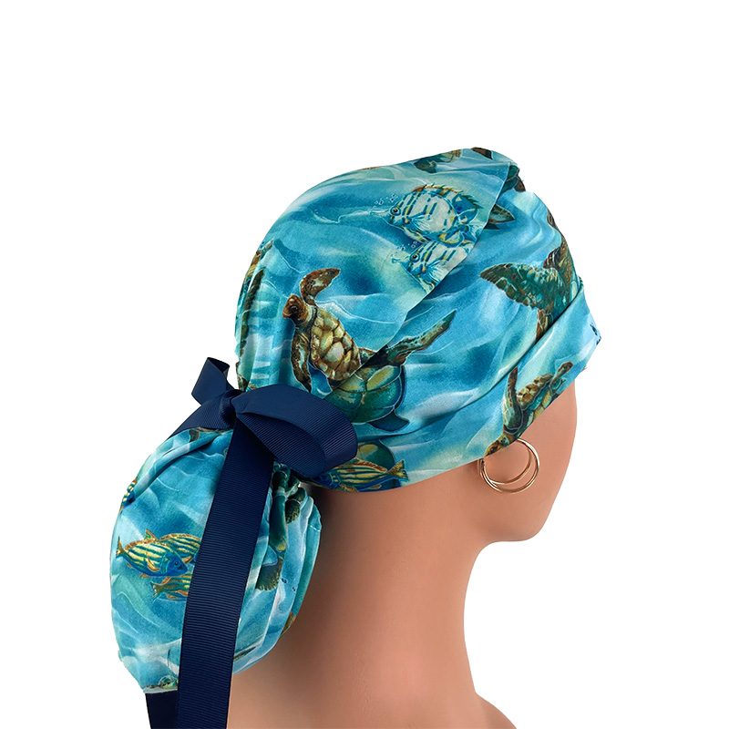 Turn Ponytail Medical Scrub Cap – Hooked On Fish – Sea Turtles – Deep Aqua/Gold - Image 7