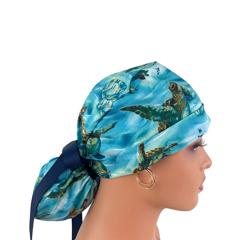 Turn Ponytail Medical Scrub Cap – Hooked On Fish – Sea Turtles – Deep Aqua/Gold - Image 8
