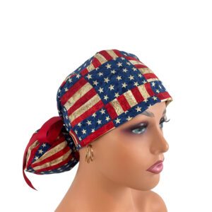 Turn Up Ponytail Medical Scrub Cap. America The Beautiful Flag