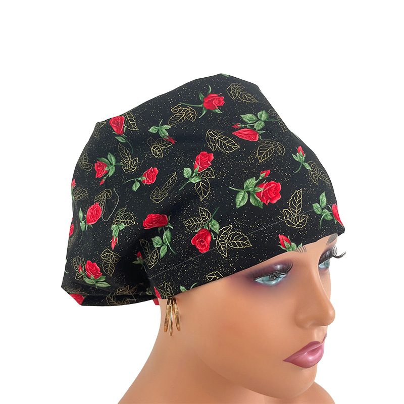 High Bun Ponytail Scrub Caps - Roses Red On Black - Image 16